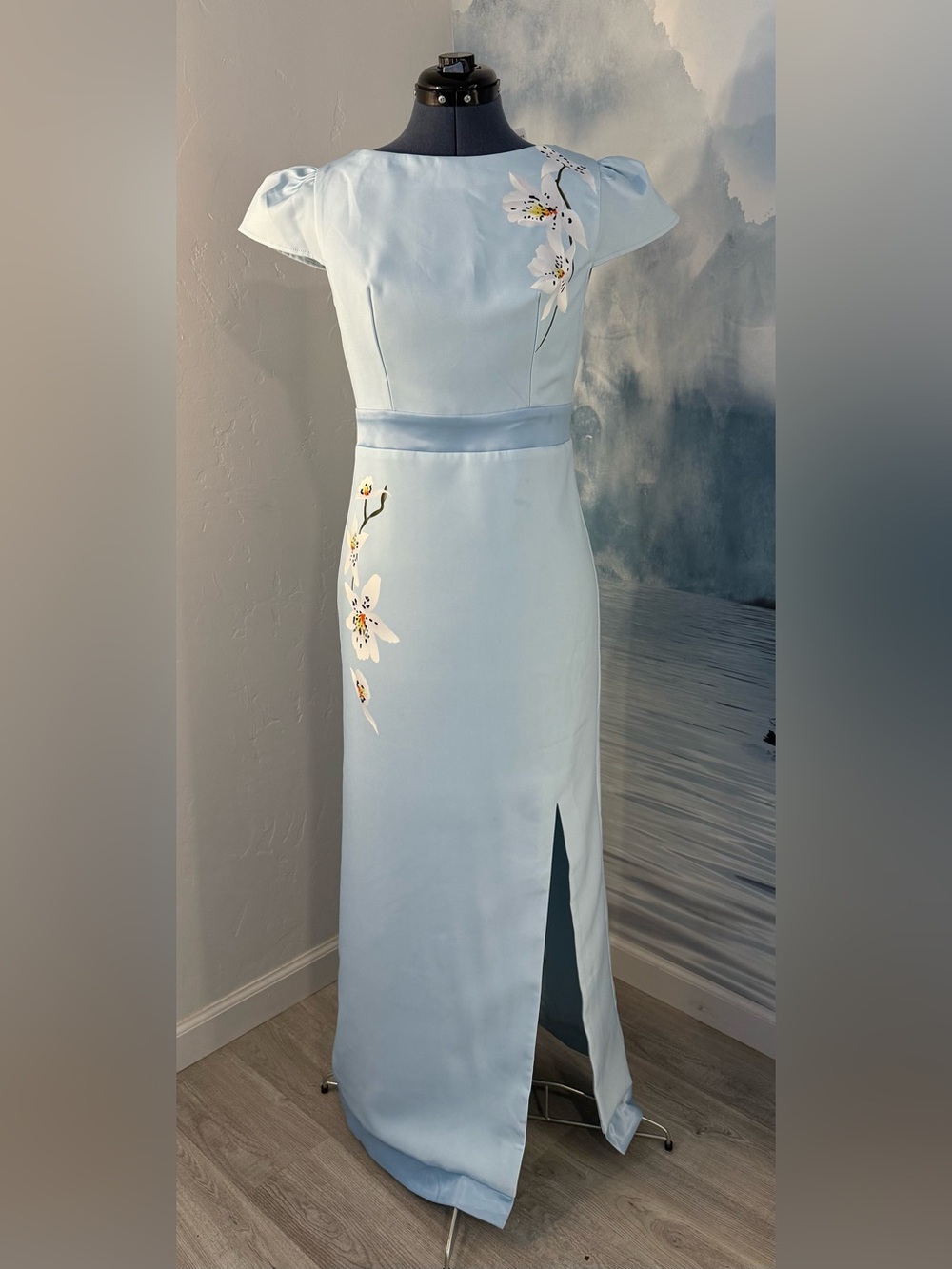 Light Blue Floral Midi Satin Dress with Side Slit #376